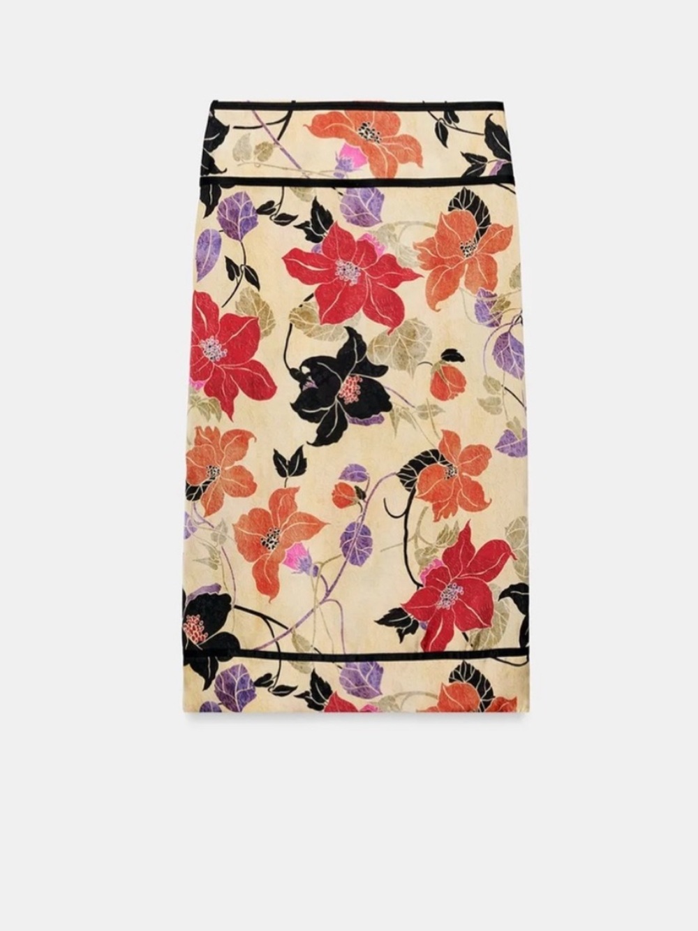 Zara Cream Floral Pencil Skirt with Red, Orange, Black & Purple Blooms